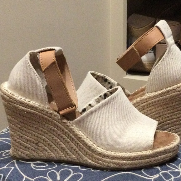 Women's White and Tan Wedge Sandals - Picture 1 of 5